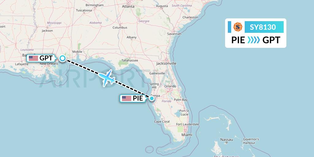 SY8130 Sun Country Airlines Flight Map: St. Petersburg to Gulfport