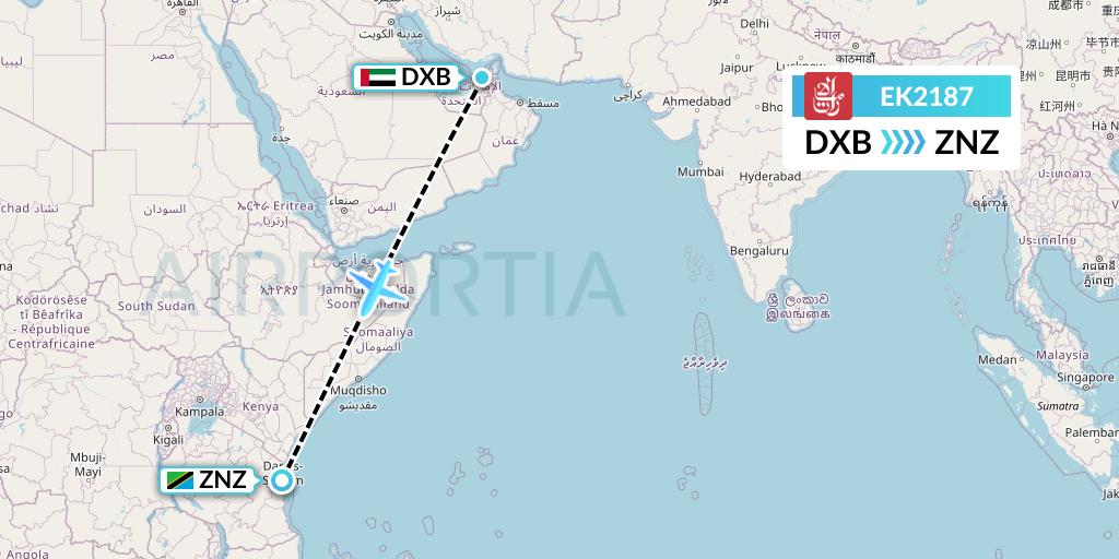 EK2187 Emirates Flight Map: Dubai to Zanzibar