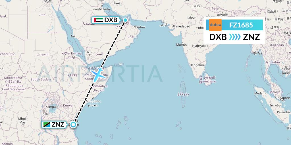 FZ1685 FlyDubai Flight Map: Dubai to Zanzibar