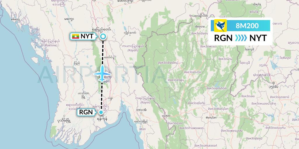 8M200 Myanmar Airways International Flight Map: Yangon to Naypyidaw 