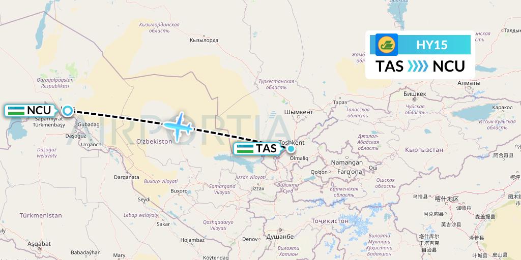 HY15 Uzbekistan Airways Flight Map: Tashkent to Nukus