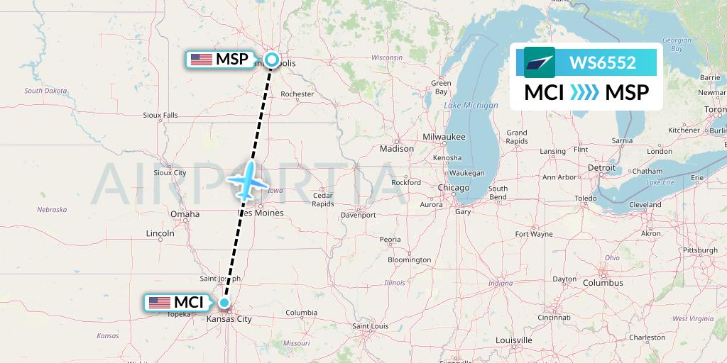 WS6552 WestJet Flight Map: Kansas City to Minneapolis