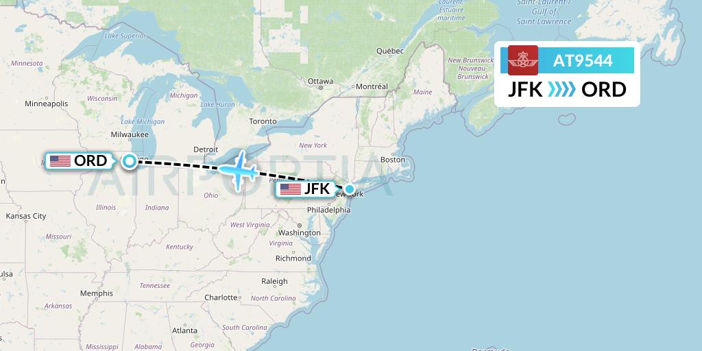 AT9544 Royal Air Maroc Flight Map: New York to Chicago