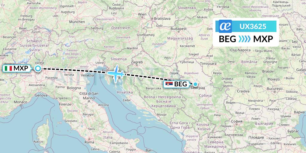 UX3625 Air Europa Flight Map: Belgrade to Milan