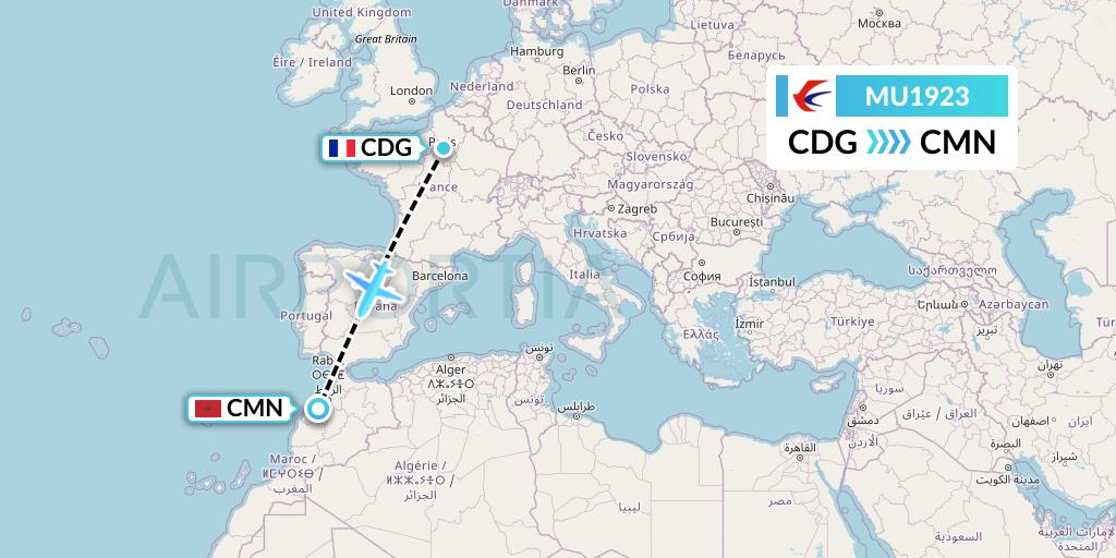 MU1923 China Eastern Airlines Flight Map: Paris to Casablanca