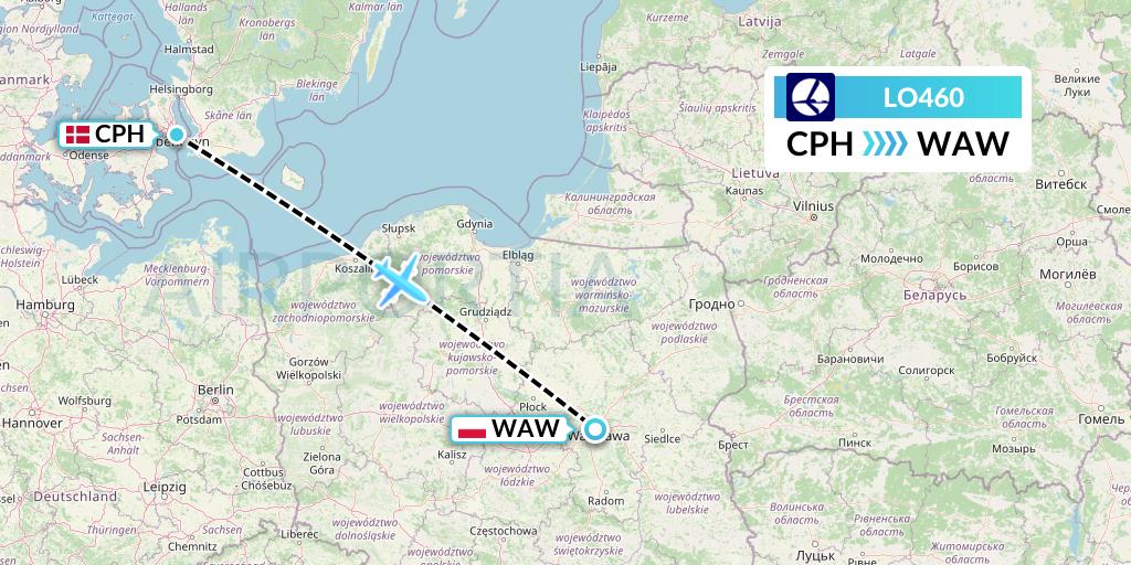 LO460 LOT Flight Map: Copenhagen to Warsaw