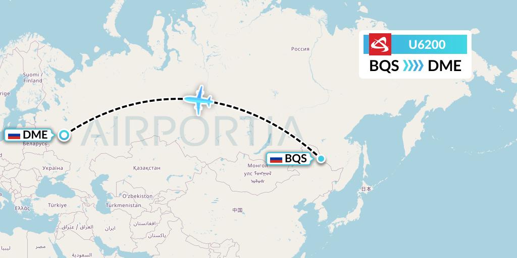 U6200 Ural Airlines Flight Map: Blagoveshchensk to Moscow