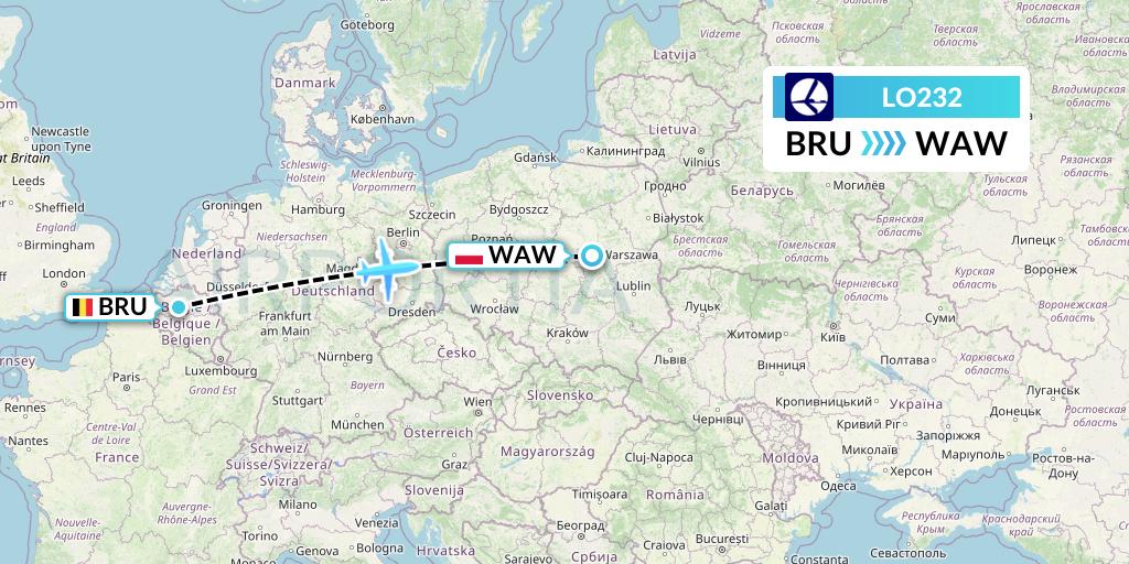 LO232 LOT Flight Map: Brussels to Warsaw