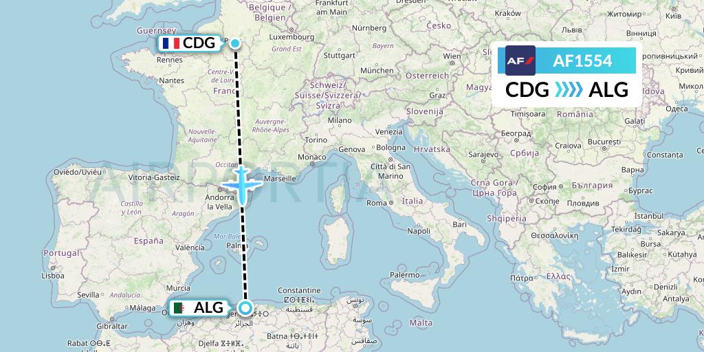 AF1554 Air France Flight Map: Paris to Algiers