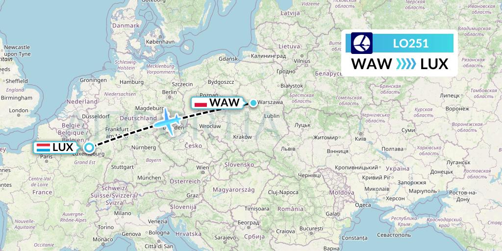 LO251 LOT Flight Map: Warsaw to Luxembourg