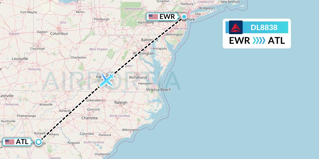 DL8838 Delta Air Lines Flight Map: New York to Atlanta