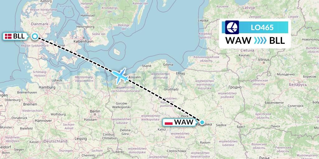 LO465 LOT Flight Map: Warsaw to Billund