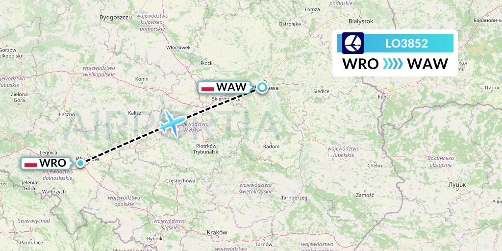 LO3852 LOT Flight Map: Wroclaw to Warsaw