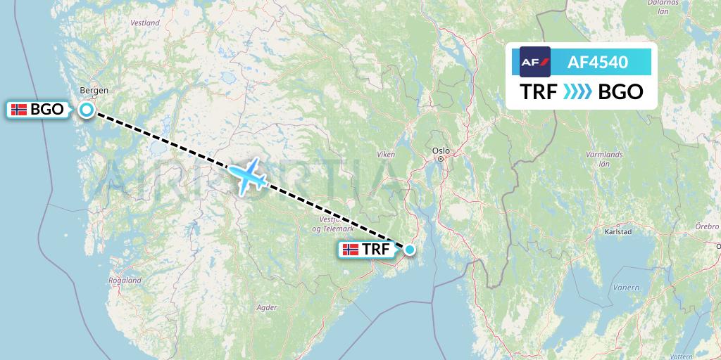 AF4540 Air France Flight Map: Oslo to Bergen