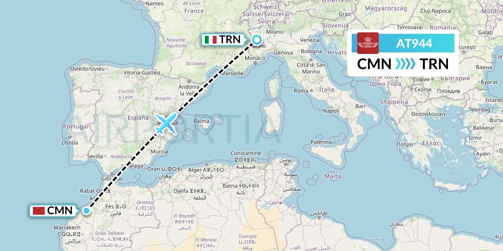 AT944 Royal Air Maroc Flight Map: Casablanca to Turin