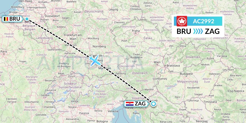 AC2992 Air Canada Flight Map: Brussels to Zagreb