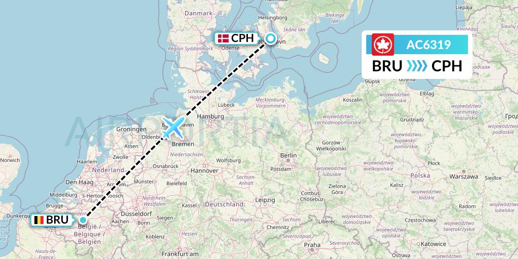 AC6319 Air Canada Flight Map: Brussels to Copenhagen