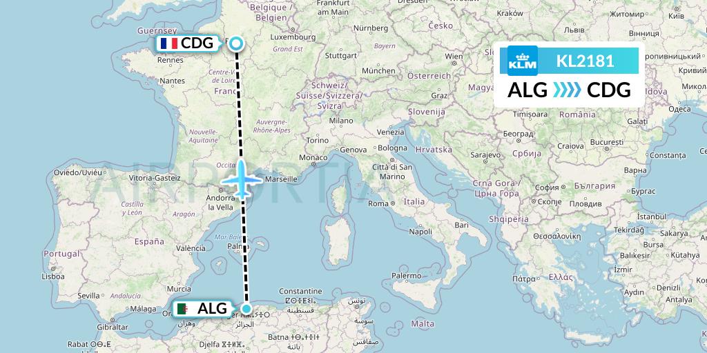 KL2181 KLM Flight Map: Algiers to Paris
