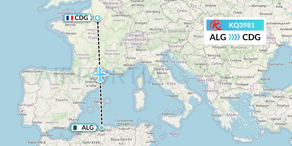 KQ3981 Kenya Airways Flight Map: Algiers to Paris