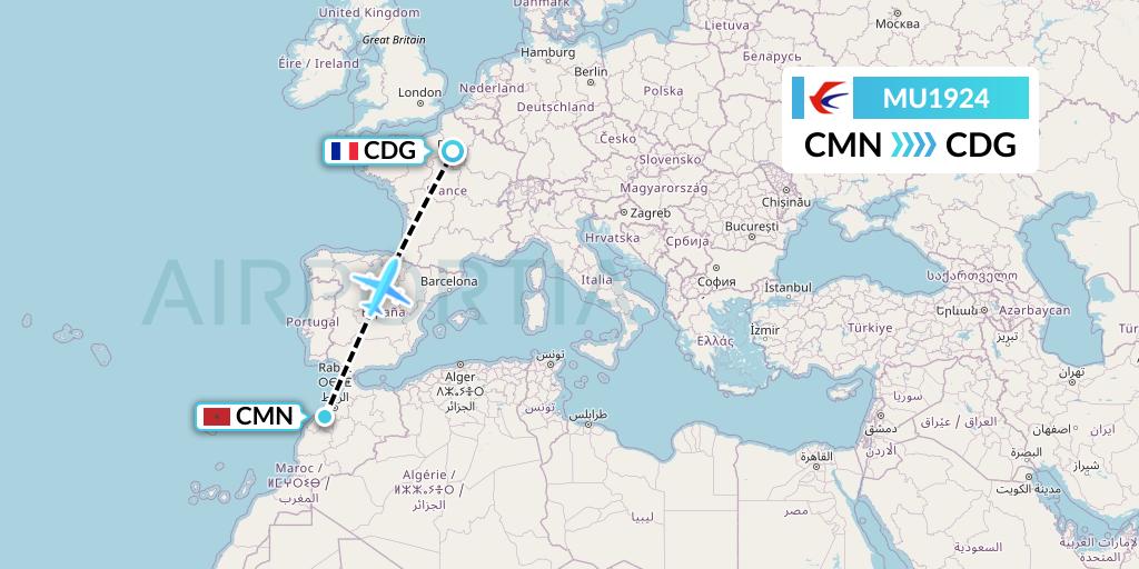 MU1924 China Eastern Airlines Flight Map: Casablanca to Paris