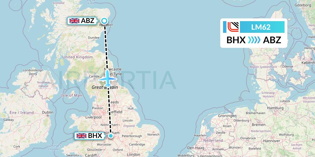 LM62 Loganair Flight Map: Birmingham to Aberdeen