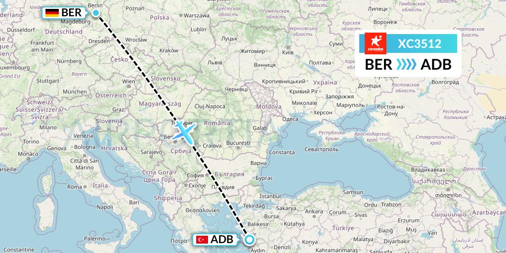 XC3512 Corendon Airlines Flight Map: Berlin to Izmir