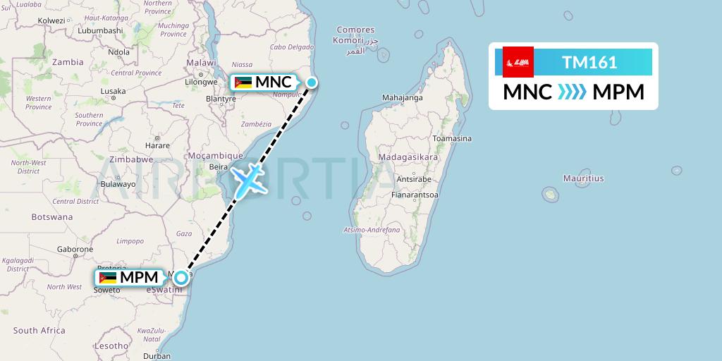 TM161 LAM Mozambique Airlines Flight Map: Nacala to Maputo
