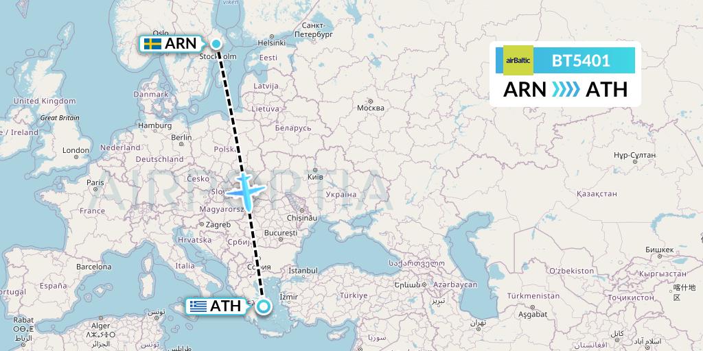 BT5401 Air Baltic Flight Map: Stockholm to Athens