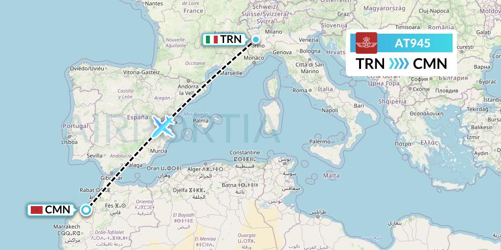 AT945 Royal Air Maroc Flight Map: Turin to Casablanca