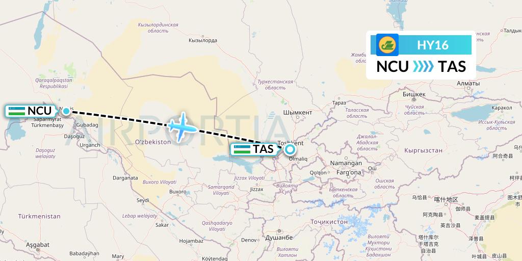 HY16 Uzbekistan Airways Flight Map: Nukus to Tashkent