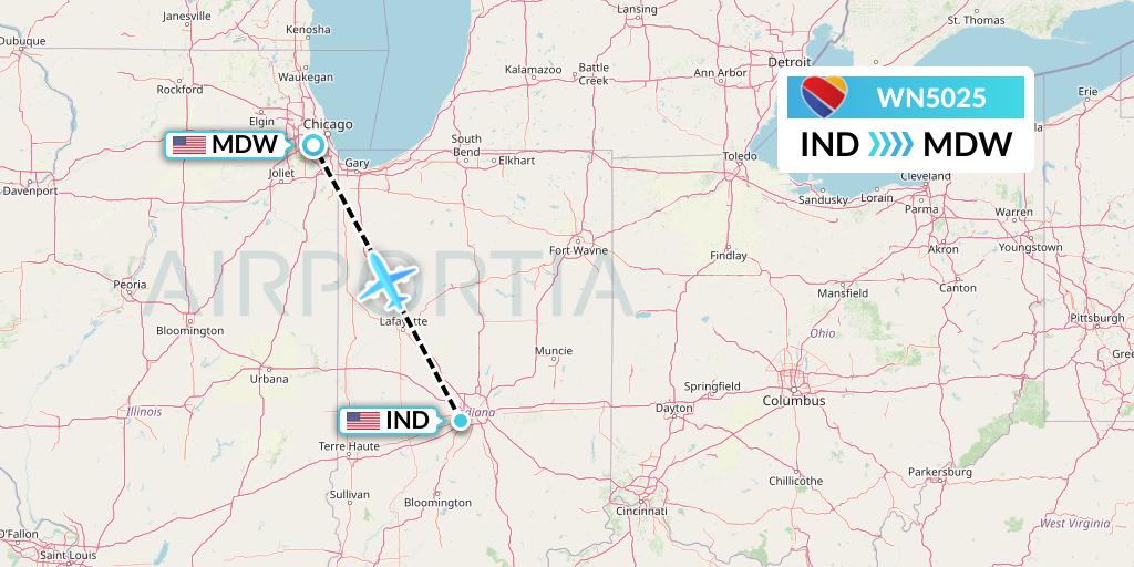 WN5025 Southwest Airlines Flight Map: Indianapolis to Chicago