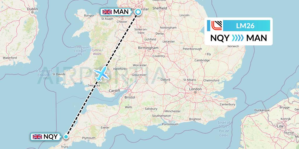 LM26 Loganair Flight Map: Newquay to Manchester
