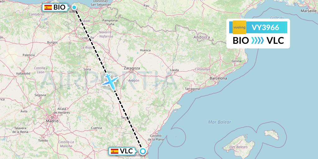 VY3966 Vueling Flight Map: Bilbao to Valencia