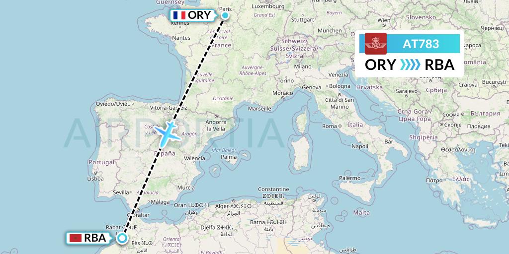 AT783 Royal Air Maroc Flight Map: Paris to Rabat