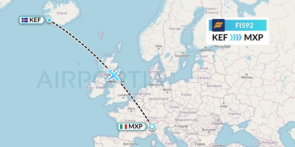 FI592 Icelandair Flight Map: Reykjavik to Milan