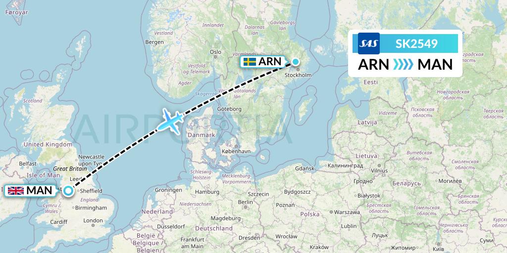 SK2549 SAS Flight Map: Stockholm to Manchester