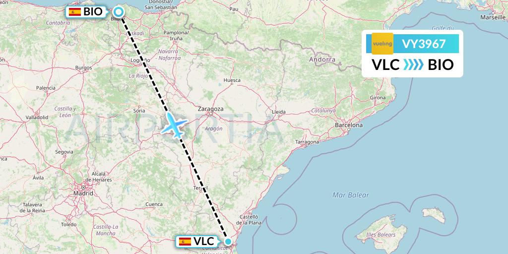 VY3967 Vueling Flight Map: Valencia to Bilbao
