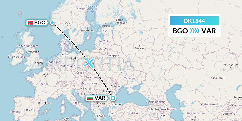 DK1544 Thomas Cook Airlines Scandinavia Flight Map: Bergen to Varna