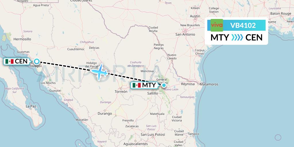 VB4102 VivaAerobus Flight Map: Monterrey to Ciudad Obregon