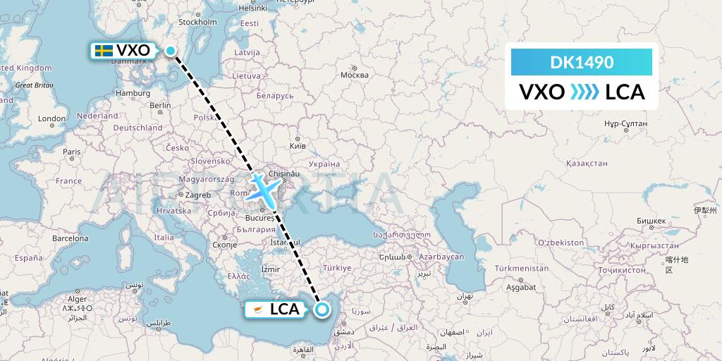 DK1490 Thomas Cook Airlines Scandinavia Flight Map: Vaxjo to Larnaca