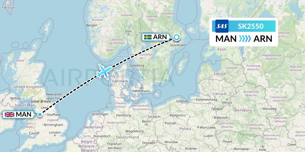 SK2550 SAS Flight Map: Manchester to Stockholm