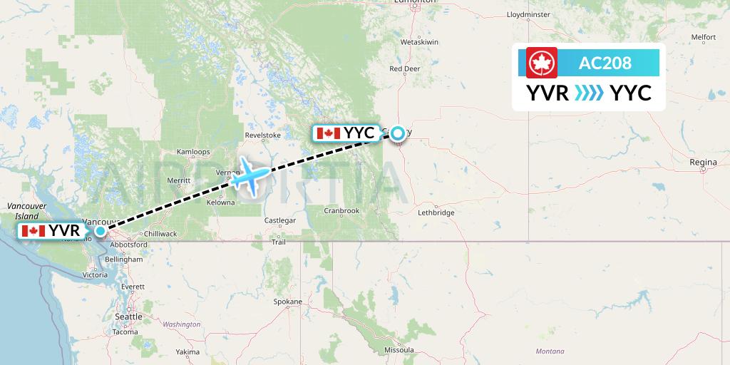 AC208 Air Canada Flight Map: Vancouver to Calgary