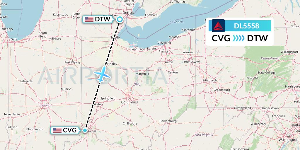 DL5558 Delta Air Lines Flight Map: Cincinnati to Detroit