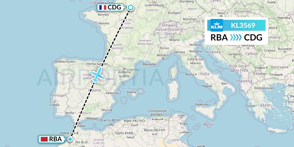 KL3569 KLM Flight Map: Rabat to Paris