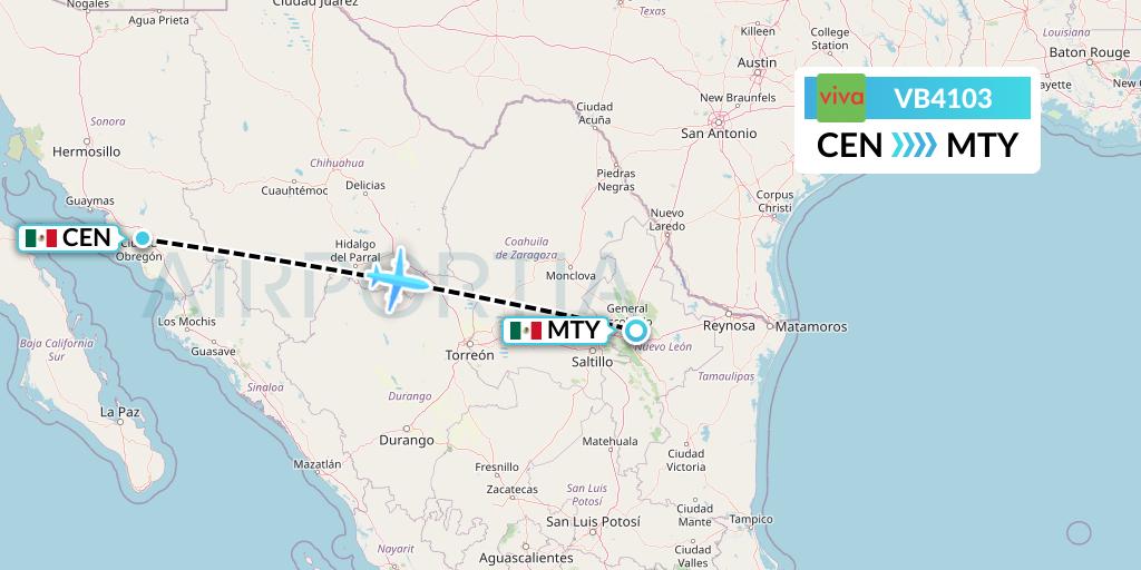 VB4103 VivaAerobus Flight Map: Ciudad Obregon to Monterrey