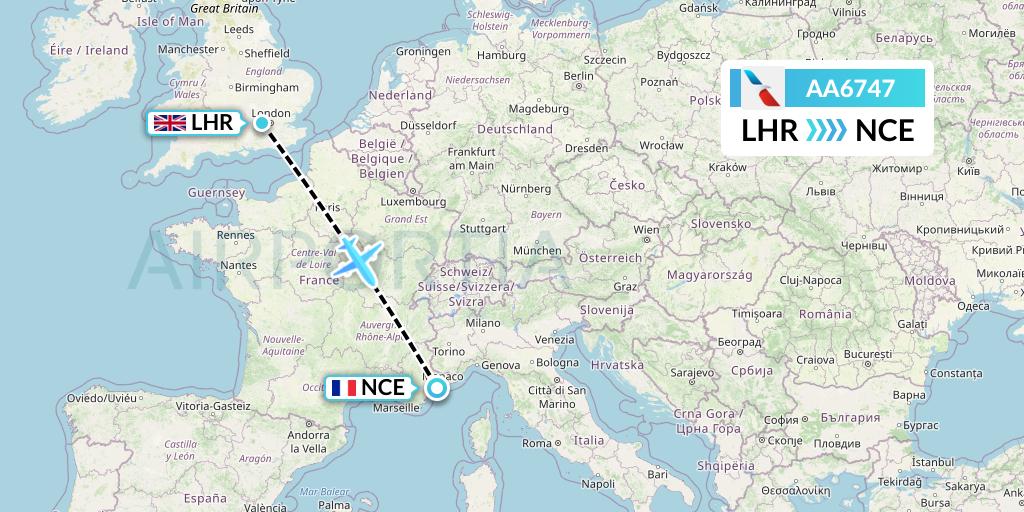 AA6747 American Airlines Flight Map: London to Nice