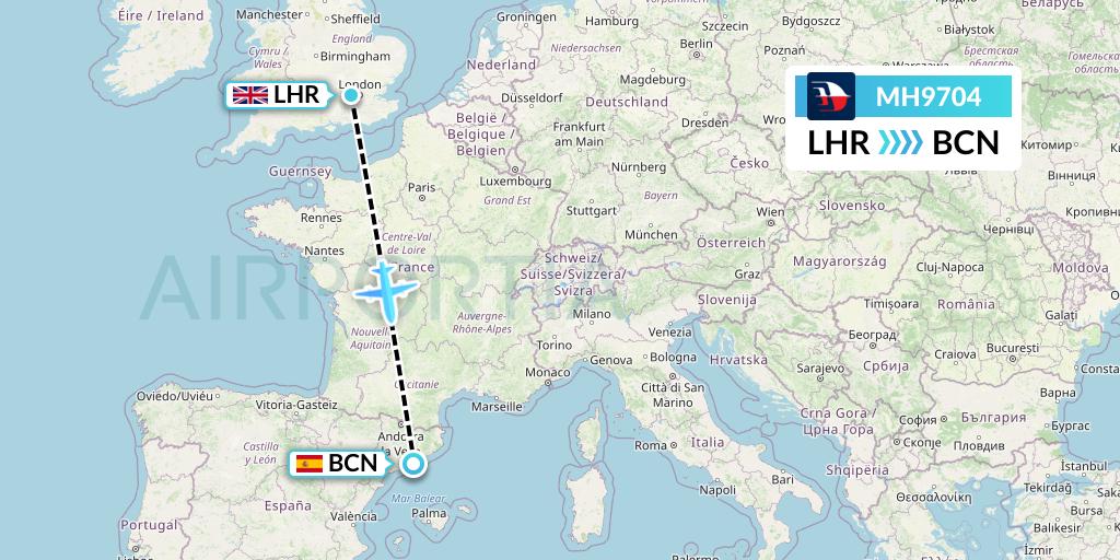 MH9704 Malaysia Airlines Flight Map: London to Barcelona