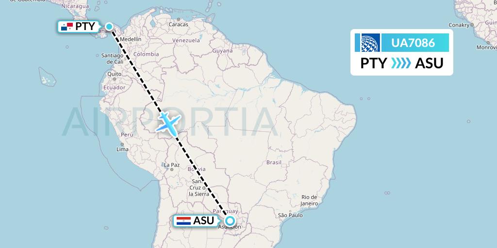 UA7086 United Airlines Flight Map: Panama City to Asuncion