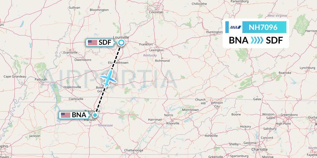 NH7096 All Nippon Airways Flight Map: Nashville to Louisville