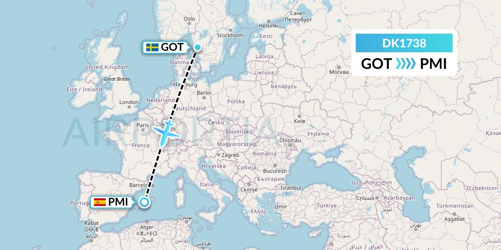 DK1738 Thomas Cook Airlines Scandinavia Flight Map: Gothenburg to Palma de Mallorca
